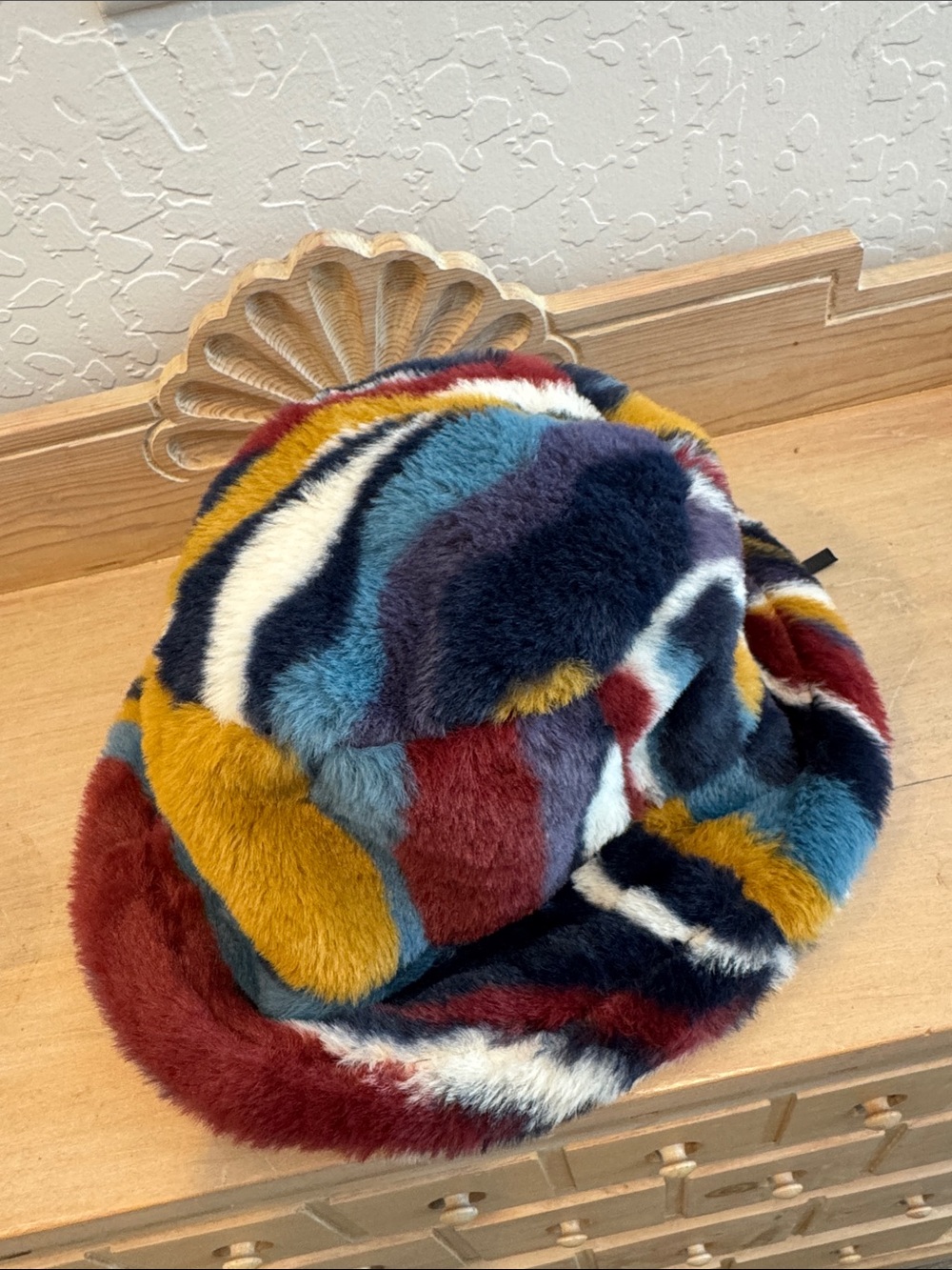 Colorblock Faux Fur Bucket Hat - Multicolor Plush Y2K Festival One Size